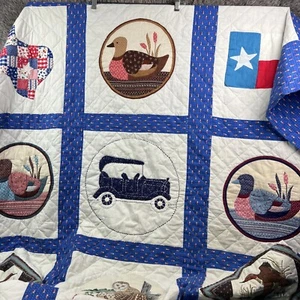 Vintage Handmade Quilt Texas Ducks Cars Owls Approx 101"x66" 1980s - Picture 1 of 14