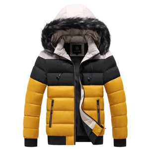 Men Splice Bubble Quilted Jacket Puffer Parka Coat Faux Fur Hood Overcoat Winter - Picture 1 of 17
