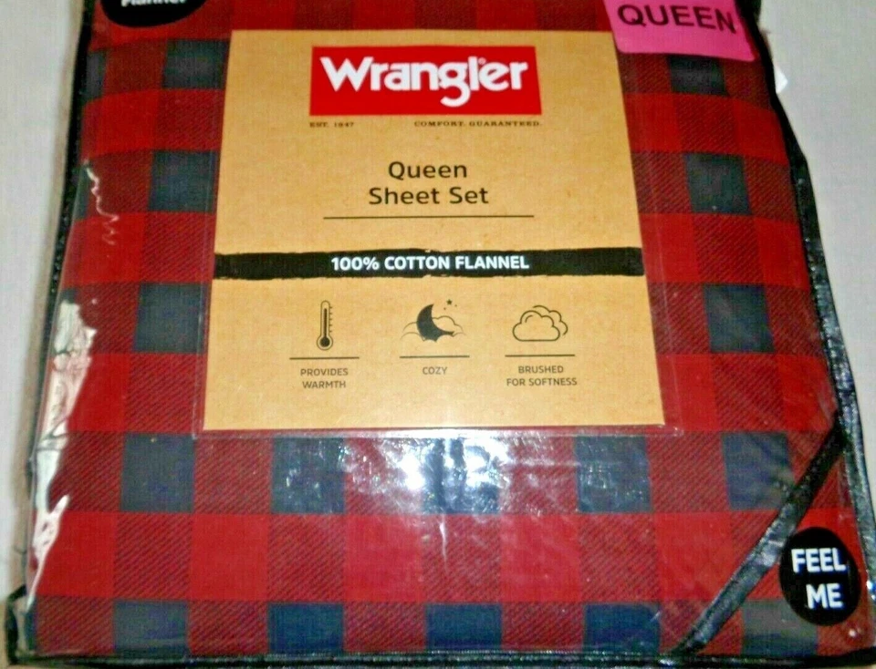 WRANGLER QUEEN Brushed Cotton flannel sheet set BISON PLAID -RED BLOCK