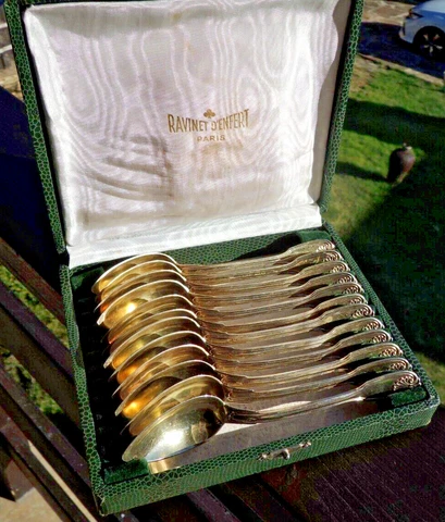 Antique Ravinet d'Enfert French Sterling Silver Gilt Vermeil Tea Spoons w/Box Cover