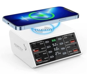 100W 8 Port Charging Station for Multiple Devices with 4 QC3.0 4 USB C PD Ports - Picture 1 of 10