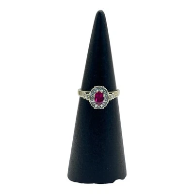 9ct 9k Yellow Gold Created Red Ruby And Diamonds Ladies Ring Size O1/2. New - Image 1 of 4