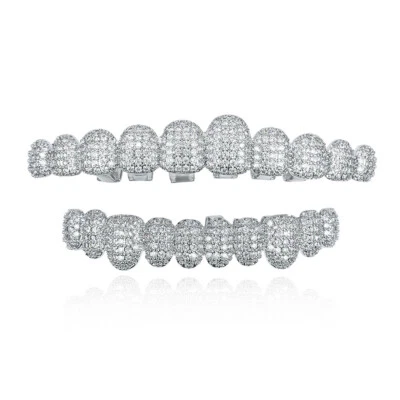 18K Gold Plated Hip Hop CZ Grillz Teeth Top Bottom Mouth Silver Grill Set Custom - Image 1 of 4