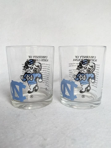 (2) Vintage UNC Tar Heels Gulf Oil Double Old Fashion Cocktail Glasses Barware Cover