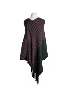 Poncho Fringe Womens One Size Charcoal Gray Maroon Stripe Soft Cozy Layer Look - Picture 1 of 7