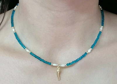 collana collarino donna choker da ragazza argento 925 placcato oro blu cornetto - Immagine 1 di 4