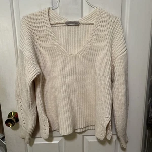 Everlane Pullover Gr. L Damen Creme Baumwollmischung Grobstrick V-Ausschnitt Pulli - Bild 1 von 6