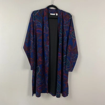 Susan Graver Printed Novelty Duster Cardigan Size XL Open Front Blue Red Paisley - Image 1 of 4