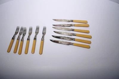 Винтажный посеребренный рыбный набор Sheffield столовые приборы вилка нож 12 шт. целлулоидная ручка - Изображение 1 из 4
