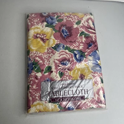 Vin Home Trends Vinyl Tablecloth Pink With Multicolored Flowers 52x52 NOS 90s - Image 1 of 2