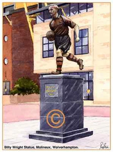 "ESTATUA DE BILLY WRIGHT, LOBOS MOLINEUX TARJETA DE FELICITACIÓN IMPRESA DE ARTISTAS DE FÚTBOL 8""x 6"" - Imagen 1 de 1