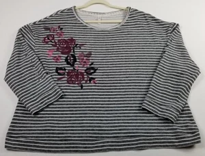 Xhilaration Sweater Womens 2X Plus Stripes Floral Embroidery 3/4 Sleeves Grommet - Picture 1 of 11