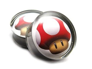 Super Mario Super Mushroom Double Sided Flare plugs Surgical Steel Pair B/7/3/87 - Picture 1 of 2