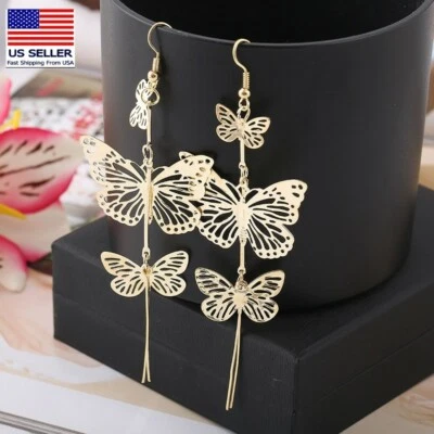 Fashion Women Jewelry Earrings Retro Elegant Hollow Butterfly Tassel Hook 0621 - Image 1 of 4
