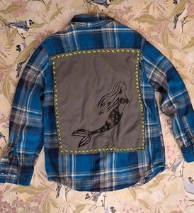 Upcycled Kid's Teal & Black Flannel with Mermaid Design Back Patch - Picture 1 of 6
