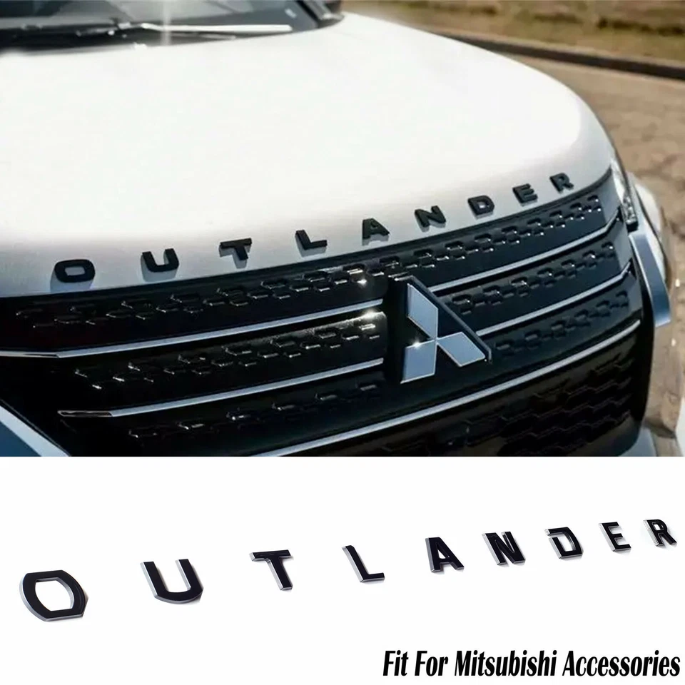 Front Hood Emblem For Mitsubishi Outlander Badge Nameplate Letter Gloss Black US - Image 1 of 4