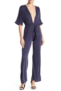Emory Park Women's Deep V-Neck Short Sleeve Waist Tie Solid Jumpsuit Blue Sz Med - Bild 1 von 2