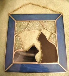 Handmade? blue stained glass suncatcher 7"X7" two cats window - Picture 1 of 4