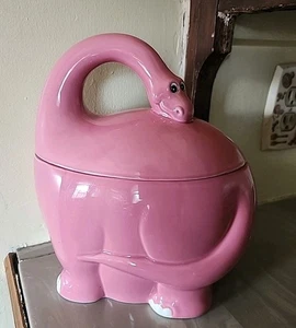 VINTAGE Ceramica ROSA DINOSAURO BISCOTTIERA BARATTOLO Brontosauro Carino Divertente Dino - Foto 1 di 8