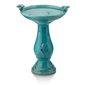24 In. Tall Outdoor Ceramic Antique Pedestal Birdbath with 2 Bird Figurines, Tur - Picture 1 of 11