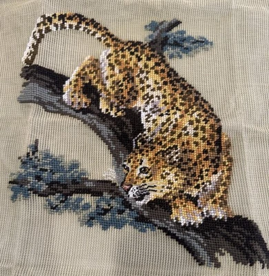 Vintage Pre Worked Leopard Needlepoint Canvas Animal Cat Tree Safari Africa 22” - Image 1 of 4
