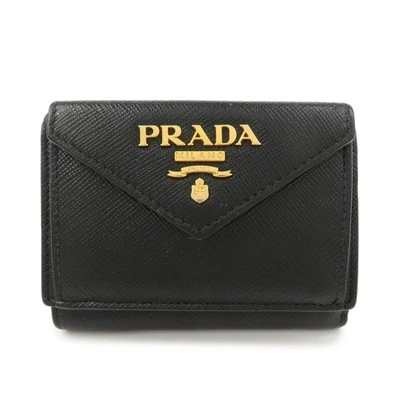 Authentic PRADA Logo Saffiano Metal Tri-fold Small Wallet Black 1MH021 Used F/S - Image 1 of 4