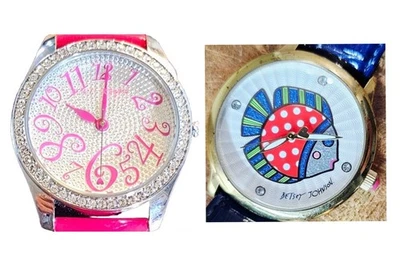 Betsey Johnson Moving Heart Dial Lot of 2 Patent Leather Watches Diamond & Fish - Image 1 of 4