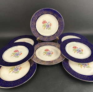 Assiettes à dîner Homer Laughlin bleu or motif floral taille 11" lot de 8 - Photo 1/15