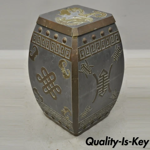 Mid 20th C Chinese Oriental Pewter & Brass Garden Drum Stool Drinks Table Cover