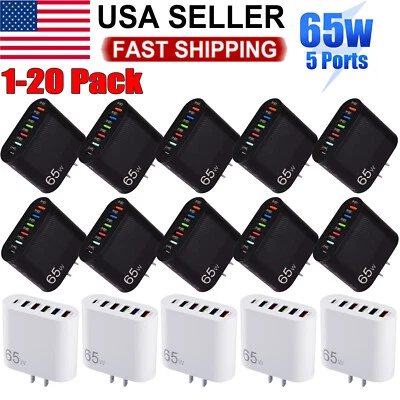 Lote 1-20X 65W 5-USB tipo-C carregador de parede rápido adaptador QC3.0 PD para iPhone Samsung - Imagem 1 de 4