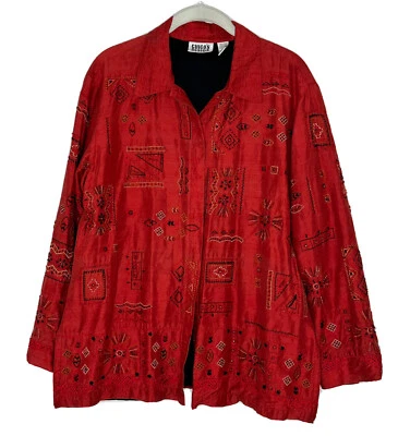 CHICO'S DESIGN RED 100% Silk India Embroidered Beaded Button Jacket Sz 2 Large - Image 1 of 4