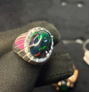 Genuine Black Opal Ring 925 Sterling Silver Solitaire Fire Opal Rings For Women - Picture 1 of 7