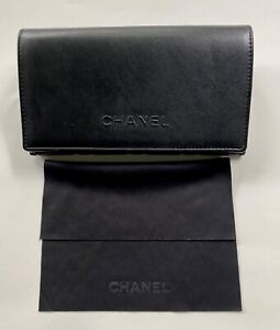 Chanel Black Leather Glasses Case Quilted Pattern w/ Cleaning Cloth Sunglasses