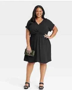 Ava & Viv Short Sleeve Twist-Front V-Neck Woven Sundress Dress, Black 2X XXL - Picture 1 of 5