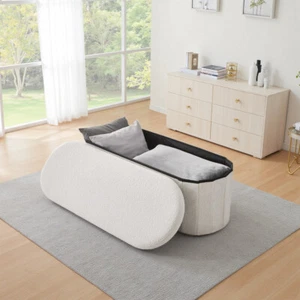 Folding Ottoman Storage Box W/ Lid Upholstered Teddy Velvet Bench Footstool - Picture 1 of 13