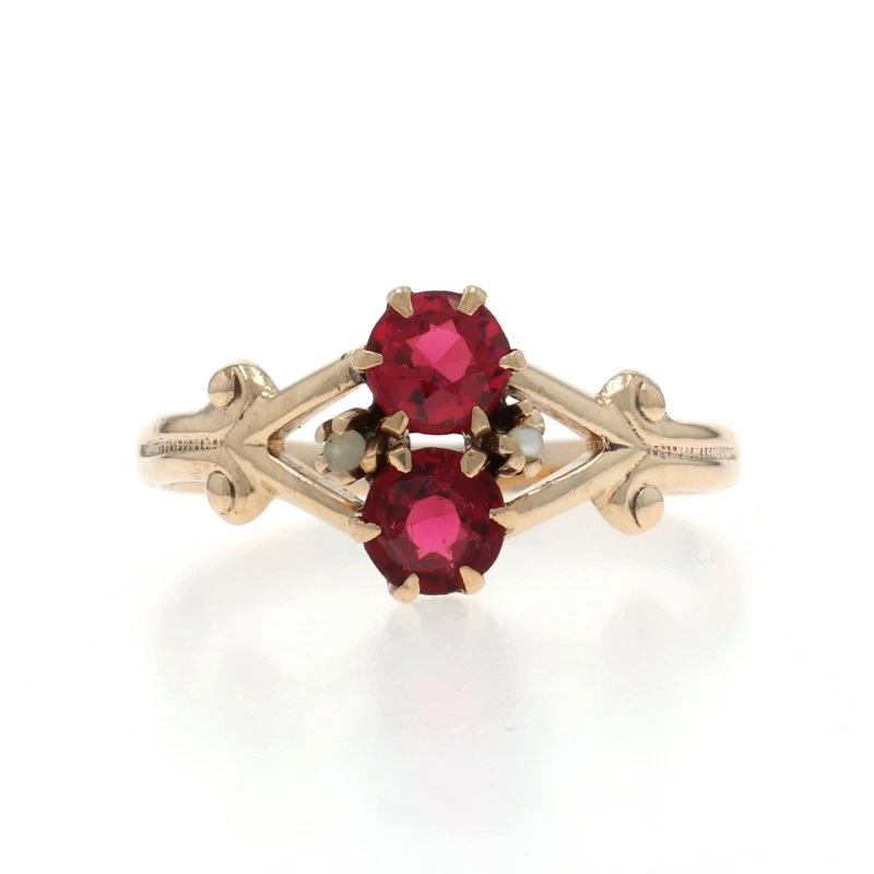 Anillo Victoriano Oro Amarillo Granate/Vidrio Doble Semilla Perla 10k Antiguo Dos Piedras Foto 1 de 4