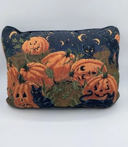 Halloween Tapestry Throw Pillow Pumpkin Patch w/Black Cats Fall Decor 15”x 11” - Picture 1 of 11