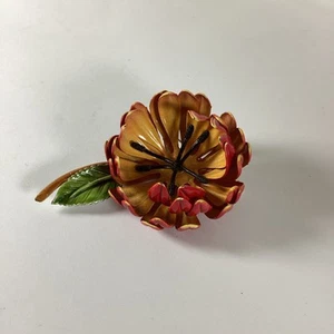 Vintage Large Enamel Flower Pin Brooch Red Yellow - Picture 1 of 9