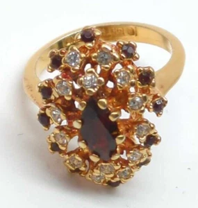 Vintage LIND Cocktail Ring CZ And Red Glass Cluster 14k HGE Gold Plated Size 5.5 - Picture 1 of 7