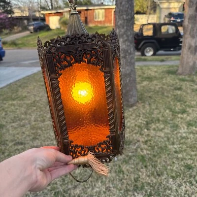 Vintage Brass Hanging Light Fixture Chandelier 5 Amber Textured Glass Panels - Image 1 of 4