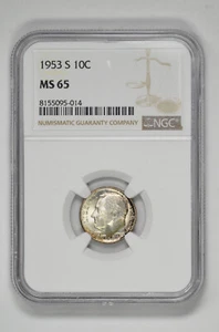 1953 S 10C Silver Roosevelt Dime NGC MS 65 with Toning - Picture 1 of 2
