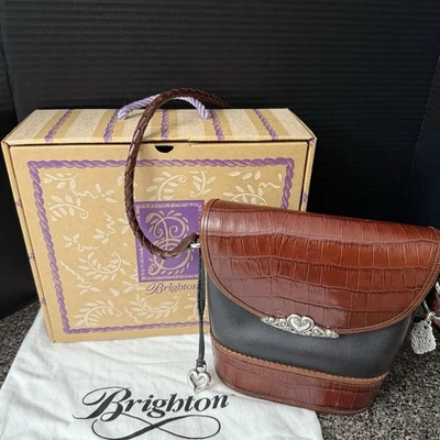 Bolso de Mano Brighton Cuero Negro Marrón Cocodrilo Repujado Bandolera Cartera Caja Bolso Dije Foto 1 de 4