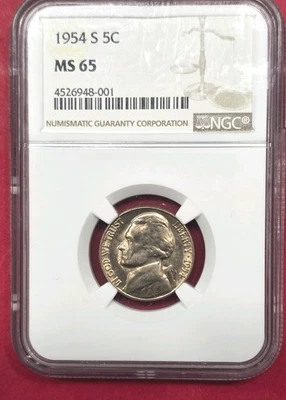 Etiqueta marrom 1954-S Jefferson níquel MS65 NGC - Imagem 1 de 2
