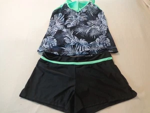 WOMENS XXL ZERO XPOSUR 2 PC TANKINI-BLACK GREEN, RACHER BACK, BOY SHORTS-NWT - Picture 1 of 5