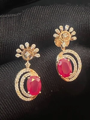Pave 3.09 Cts Round Brilliant Cut Diamonds Ruby Dangle Earrings In 14K Rose Gold - Image 1 of 4