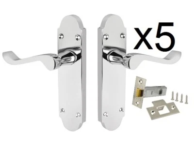 Door handles Chrome polished Pack of 5 Pairs Shaped Scroll Latches included - Image 1 of 4