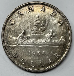 1954 Short Water Lines Canada Silver $1 Dollar, AU Condition. C-804 - Picture 1 of 3