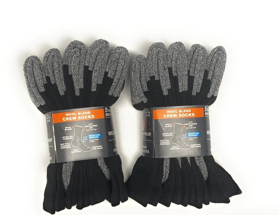 Weatherproof Men's Crew Socks Wool Blend Shoe Size 6-12, Black( Pack-10) - Image 1 of 3