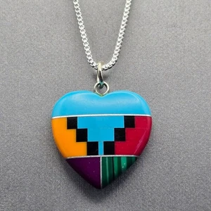 VTG Southwestern Sterling Silver Multi-Stone Inlay Heart Pendant Necklace 24" - Picture 1 of 13