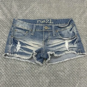 Rue21 Juniors Denim Shorts 3/4 Shorty Cutoff Acid Wash Light Blue Embroidered - Picture 1 of 9